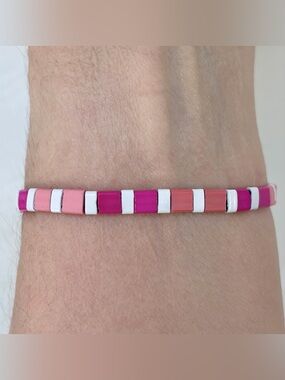 Pink/white beaded stackable Bracelet. Glass Tila Fiat Beads.Handmade. GIFT! 6.7”